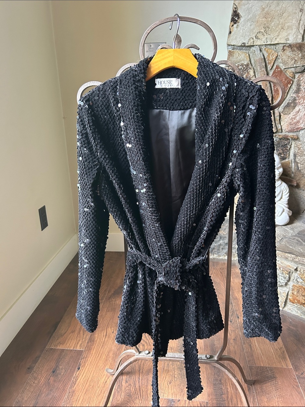 House of CB London Black Sequin Tie-Belt Blazer